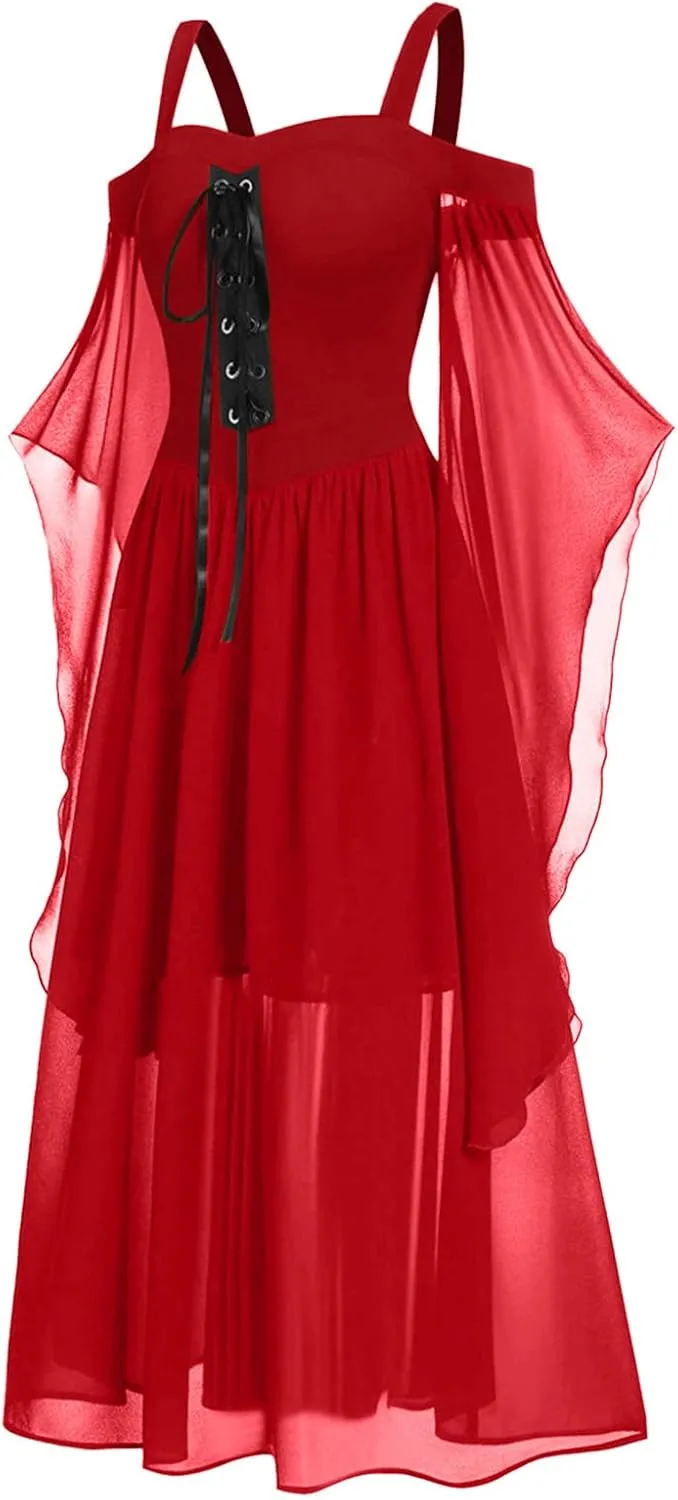 Skeleton Costume Women Tea Dress Halloween Party Dresses Long Sleeve Lace Splicing Swing Goku Black Cosplay Red