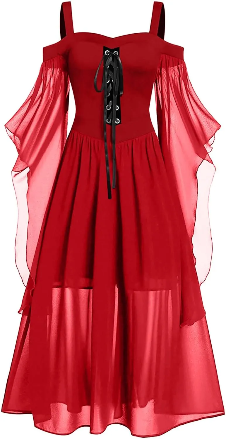 Skeleton Costume Women Tea Dress Halloween Party Dresses Long Sleeve Lace Splicing Swing Goku Black Cosplay Red