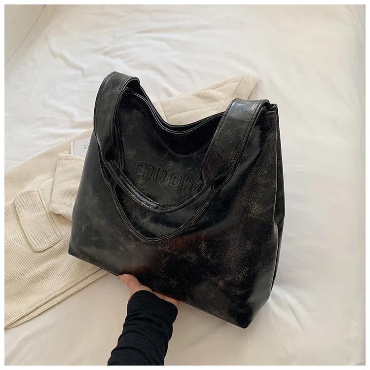Sohiwoo Fashion Large Capacity PU Shoulder Tote Bag Stylish Bucket Purse For Commute