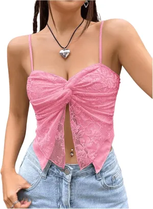 SOLY HUX Women's Lace Twist Front Split Cami Crop Tops Spaghetti Strap Asymmetrical Hem Top