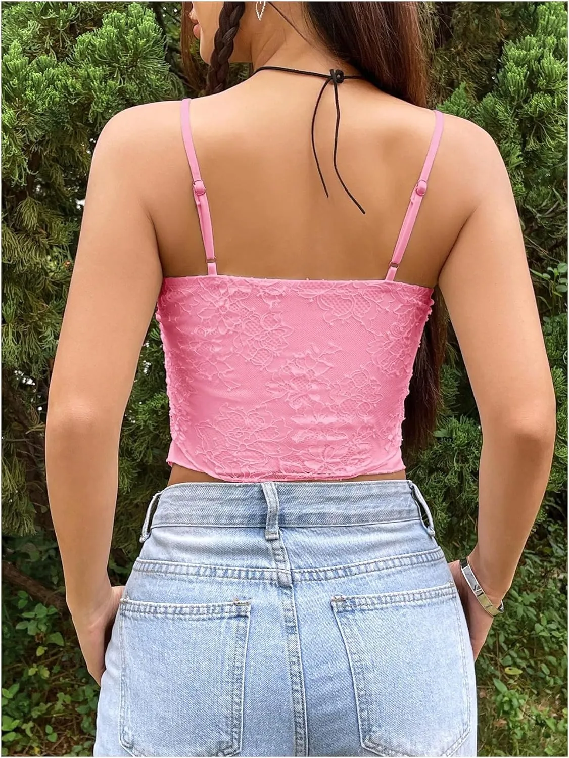 SOLY HUX Women's Lace Twist Front Split Cami Crop Tops Spaghetti Strap Asymmetrical Hem Top