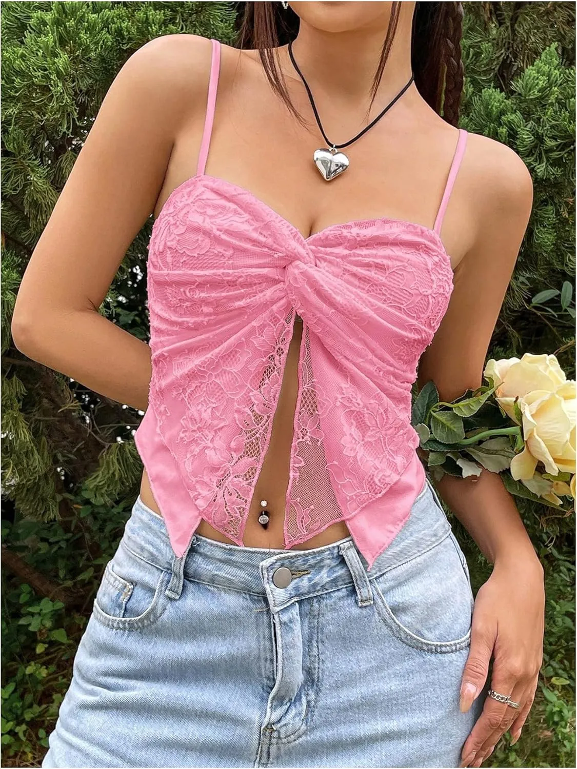 SOLY HUX Women's Lace Twist Front Split Cami Crop Tops Spaghetti Strap Asymmetrical Hem Top