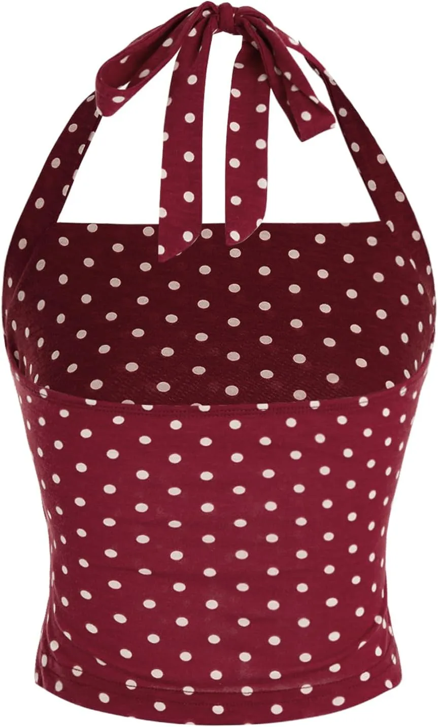 SOLY HUX Women's Y2K Casual Halter Top Tie Back Polka Dots Going Out Crop Tank Tops Sleeveless Streetwear