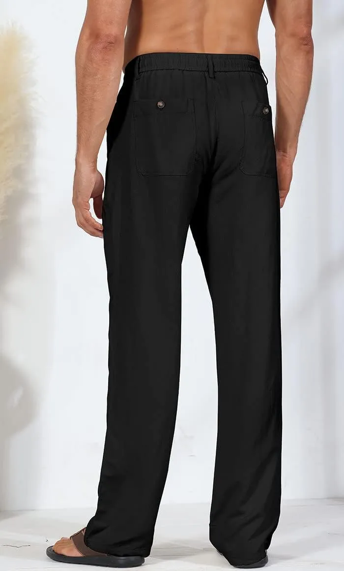 Soojun Men's Linen Beach Pants Lightweight Summer Pants with Drawstring