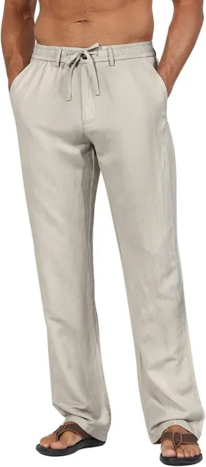 Soojun Men's Linen Beach Pants Lightweight Summer Pants with Drawstring