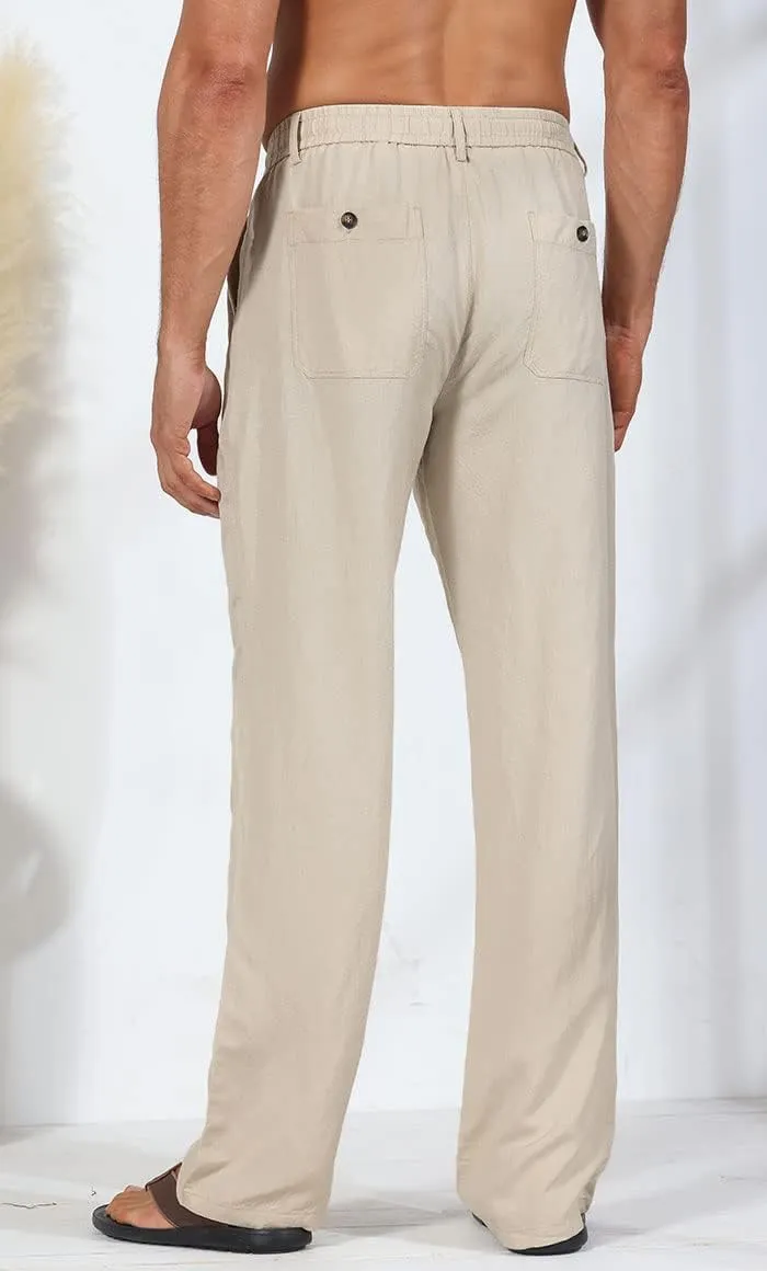 Soojun Men's Linen Beach Pants Lightweight Summer Pants with Drawstring