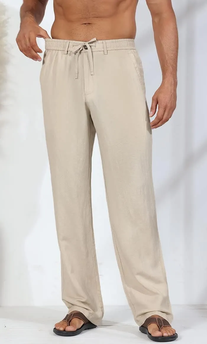 Soojun Men's Linen Beach Pants Lightweight Summer Pants with Drawstring