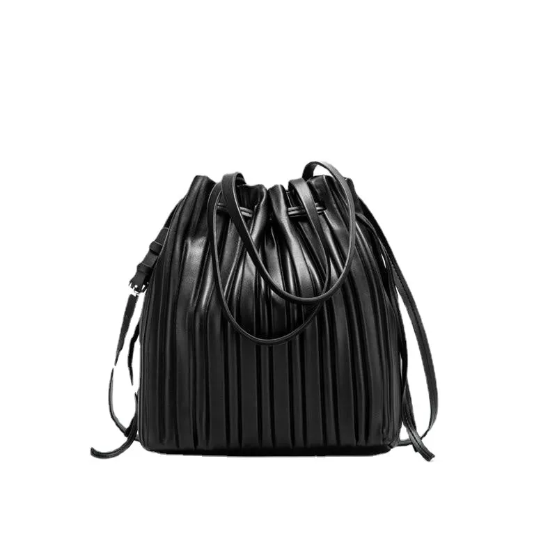 Stylish Women's Leather Bucket Bag With Pleated Stripe