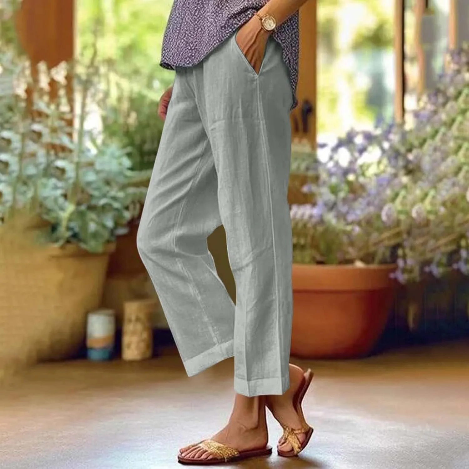 Summer Casual Pants for Women Wide Leg Trousers Elastic Waist Lightweight Linen Blend High Waist Design