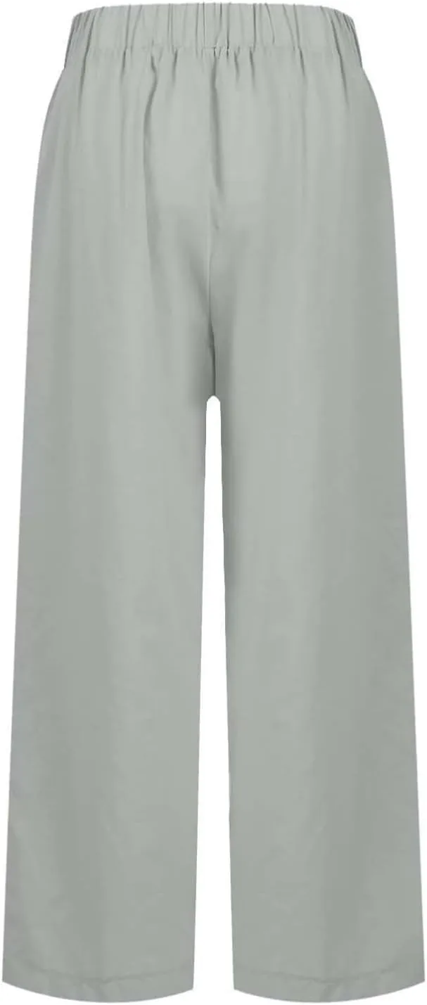 Summer Casual Pants for Women Wide Leg Trousers Elastic Waist Lightweight Linen Blend High Waist Design