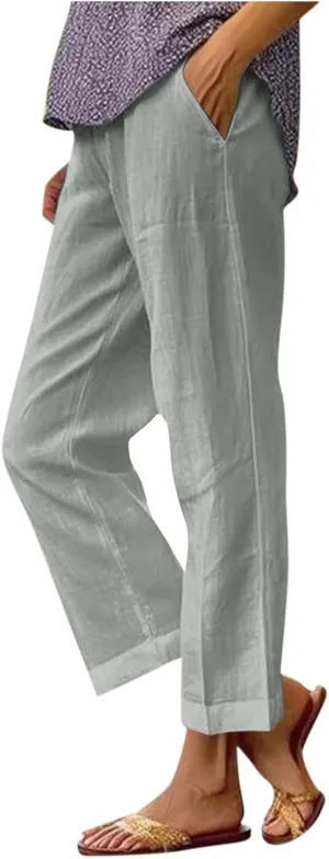 Summer Casual Pants for Women Wide Leg Trousers Elastic Waist Lightweight Linen Blend High Waist Design