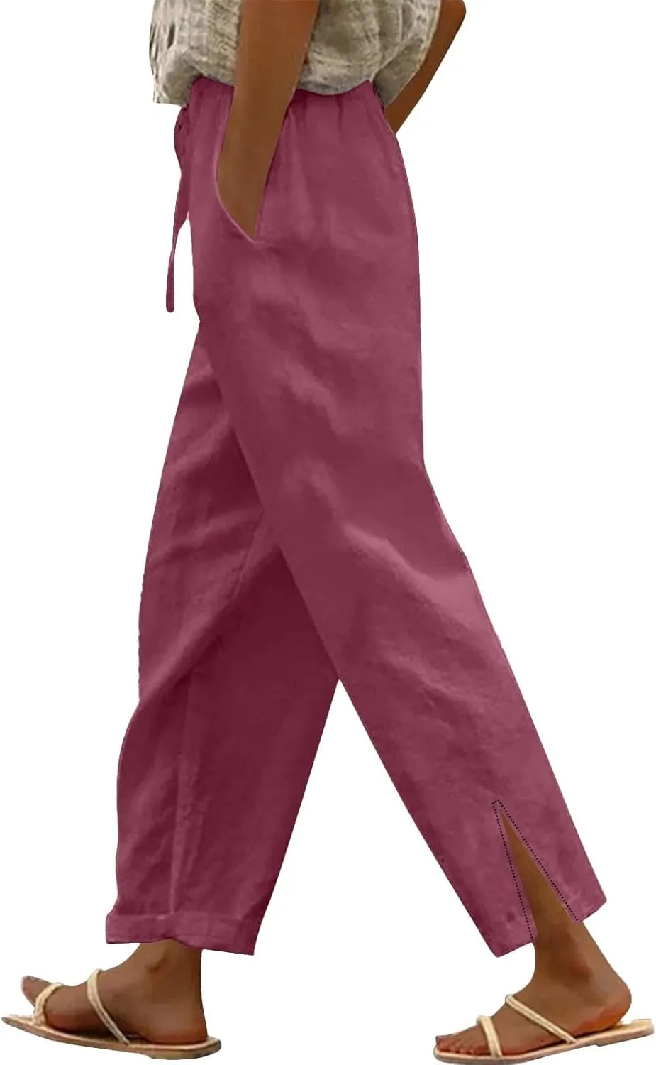Summer Cotton Linen Pants for Women 2025 Casual Drawstring High Waisted Linen Beach Wide Leg Trousers with Pockets