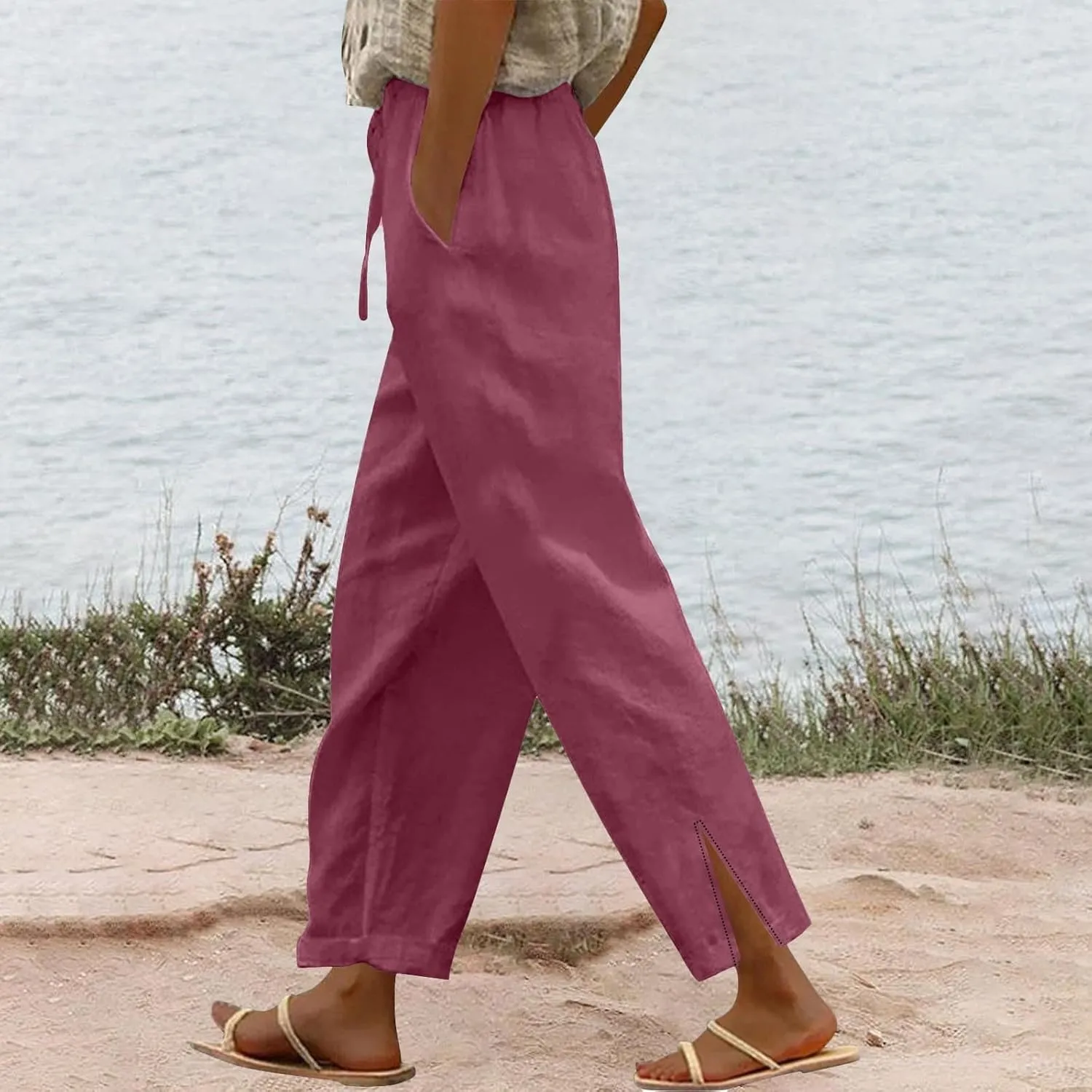 Summer Cotton Linen Pants for Women 2025 Casual Drawstring High Waisted Linen Beach Wide Leg Trousers with Pockets