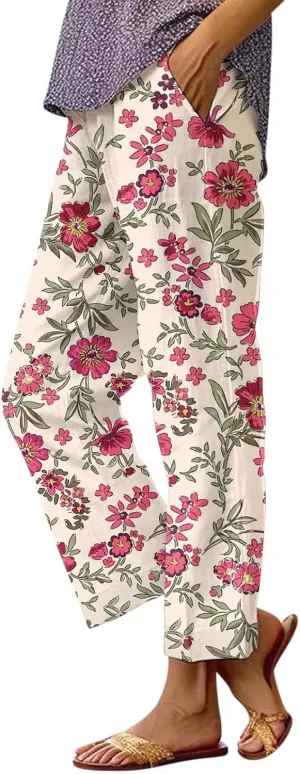 Summer Linen Pants for Women Wide Leg Boho Floral Printed Pants Drawstring Loose Fit Palazzo Trousers with Pockets
