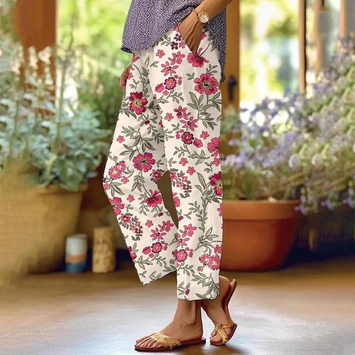 Summer Linen Pants for Women Wide Leg Boho Floral Printed Pants Drawstring Loose Fit Palazzo Trousers with Pockets