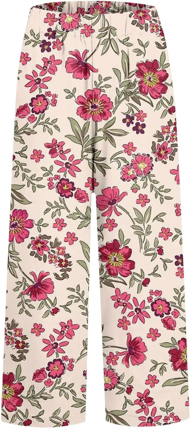 Summer Linen Pants for Women Wide Leg Boho Floral Printed Pants Drawstring Loose Fit Palazzo Trousers with Pockets