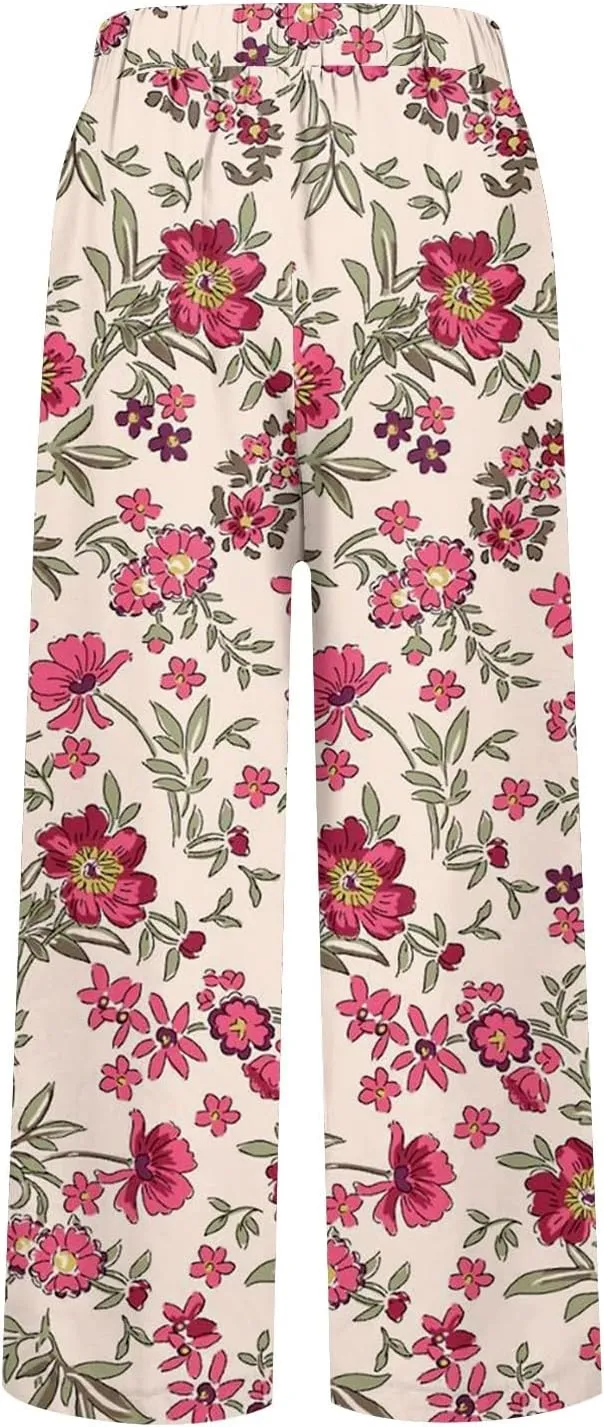 Summer Linen Pants for Women Wide Leg Boho Floral Printed Pants Drawstring Loose Fit Palazzo Trousers with Pockets