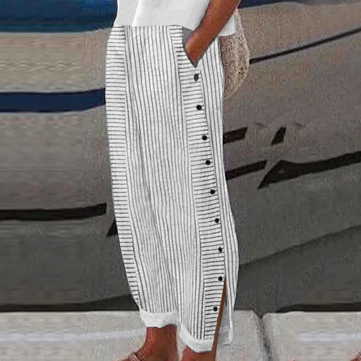 Summer Pants for Women Striped Printed Side Button Pants Baggy Elastic Waist Straight Leg Trousers with Pockets