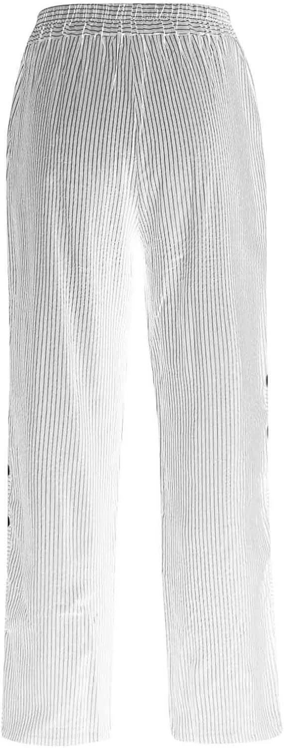 Summer Pants for Women Striped Printed Side Button Pants Baggy Elastic Waist Straight Leg Trousers with Pockets