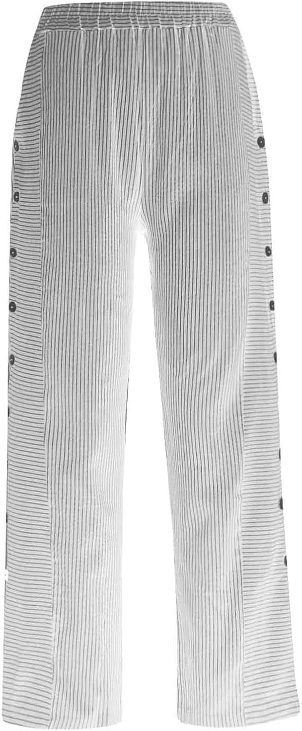 Summer Pants for Women Striped Printed Side Button Pants Baggy Elastic Waist Straight Leg Trousers with Pockets