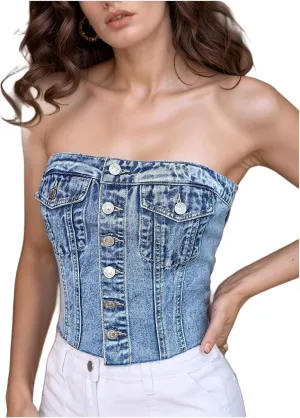 SweatyRocks Women's Button Up Strapless Denim Crop Top Y2k Jean Tube Tops
