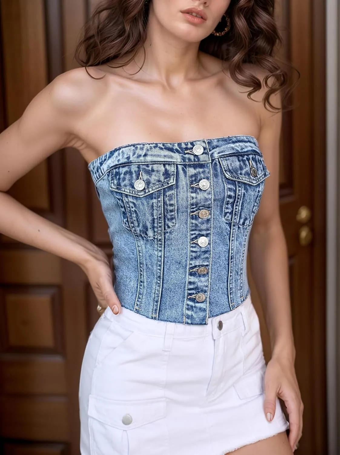 SweatyRocks Women's Button Up Strapless Denim Crop Top Y2k Jean Tube Tops