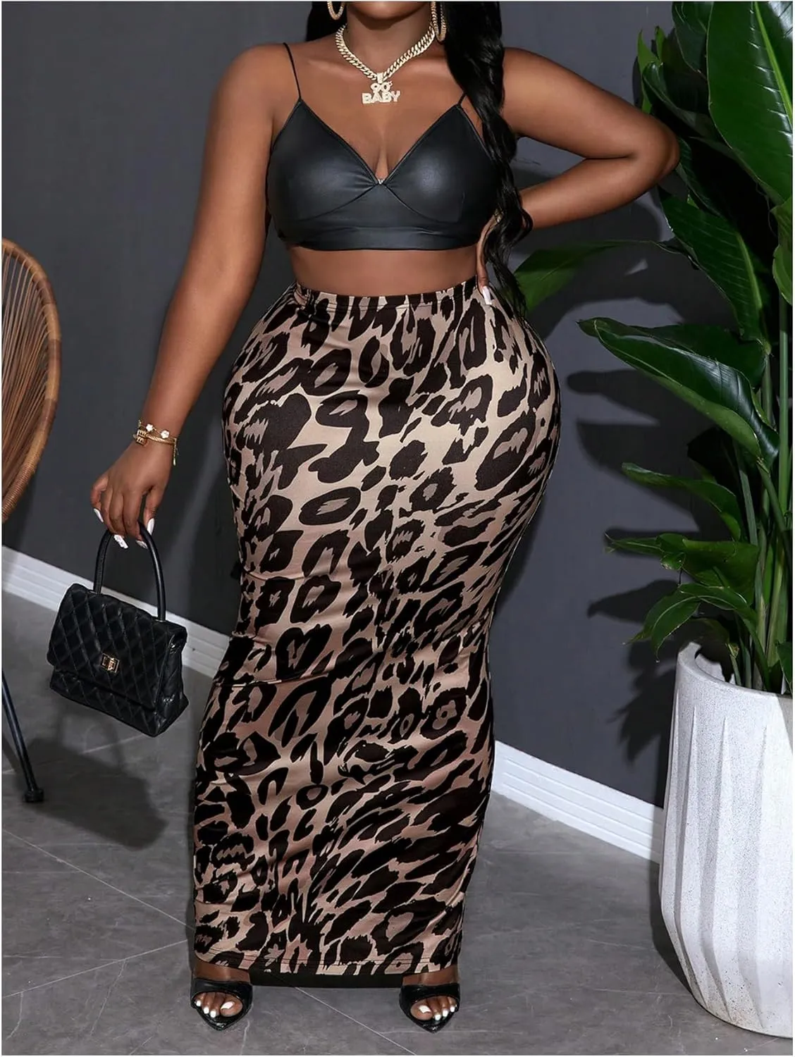 SweatyRocks Women's Plus Size Leopard Print Low Rise Bodycon Maxi Skirt Clubwear