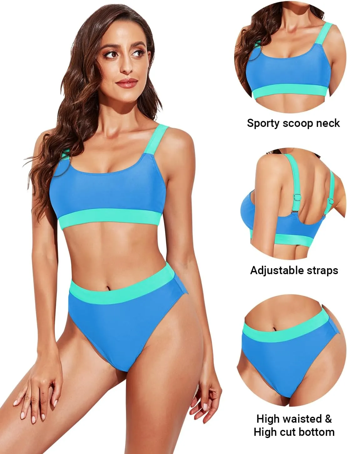 Tempt Me Women Two Piece High Waisted Bikini Swimsuits with Bottoms Teen Scoop Neck Sport Bathing Suits