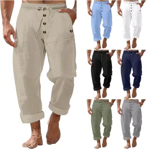 Thatrich Mens Casual Cotton Linen Pants Wide Leg Elastic Waist Button Trousers Loose Fit Lightweight Breathable Beach Slacks