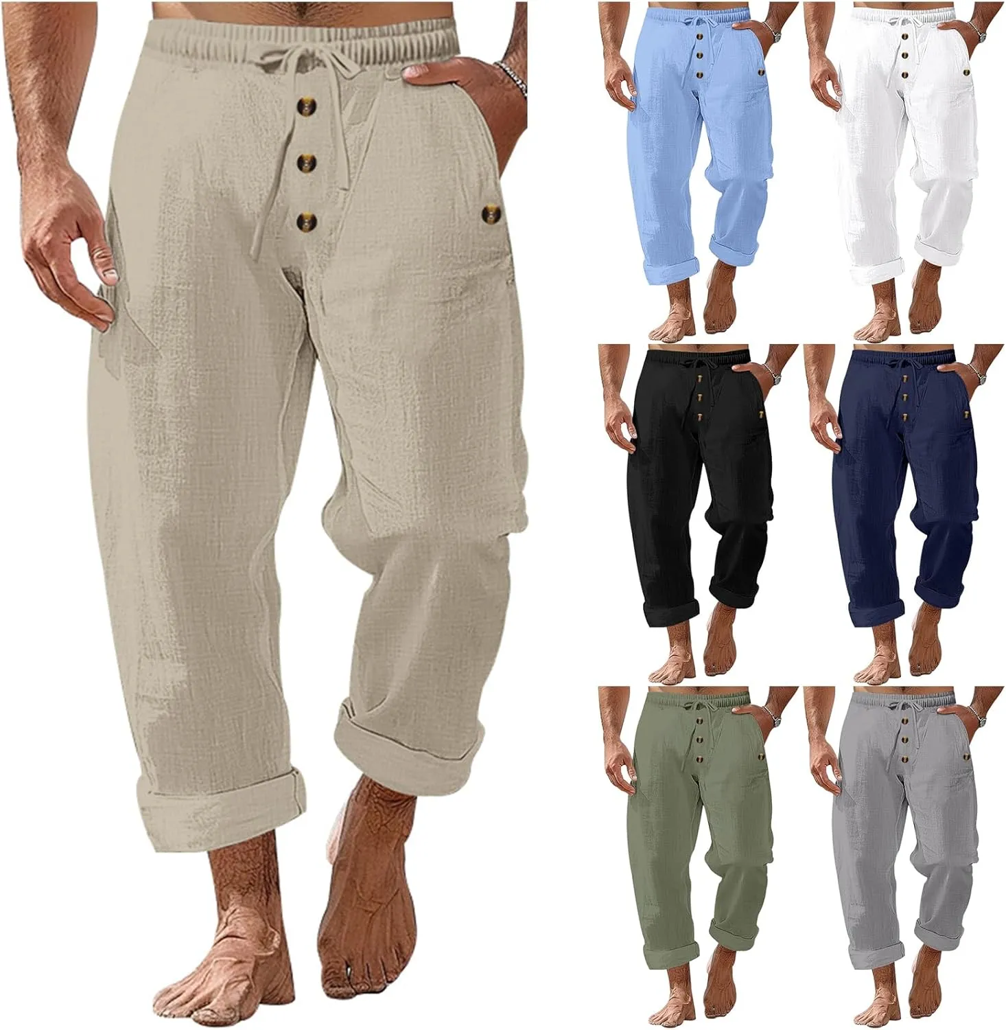Thatrich Mens Casual Cotton Linen Pants Wide Leg Elastic Waist Button Trousers Loose Fit Lightweight Breathable Beach Slacks