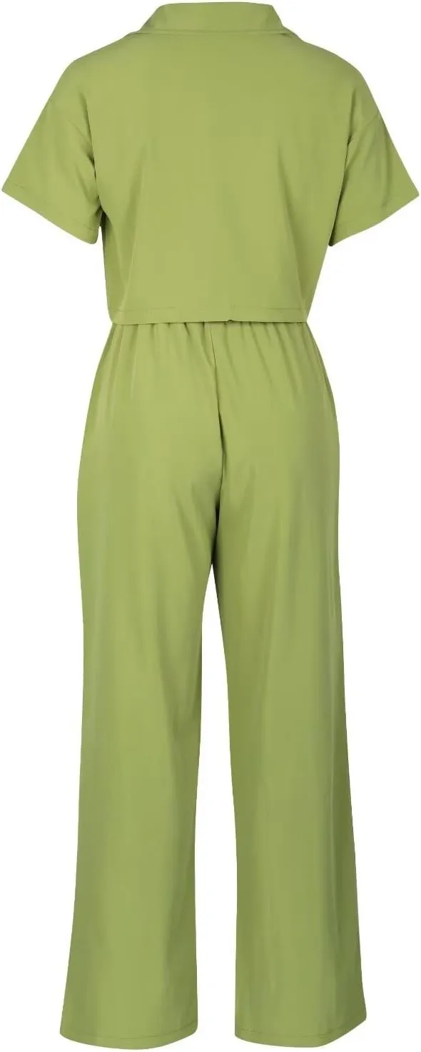 ThusFar Women Linen 2 Piece Outfits Short Sleeve Button Down Crop Top Drawstring Long Pants Suit Summer Work Lounge Set