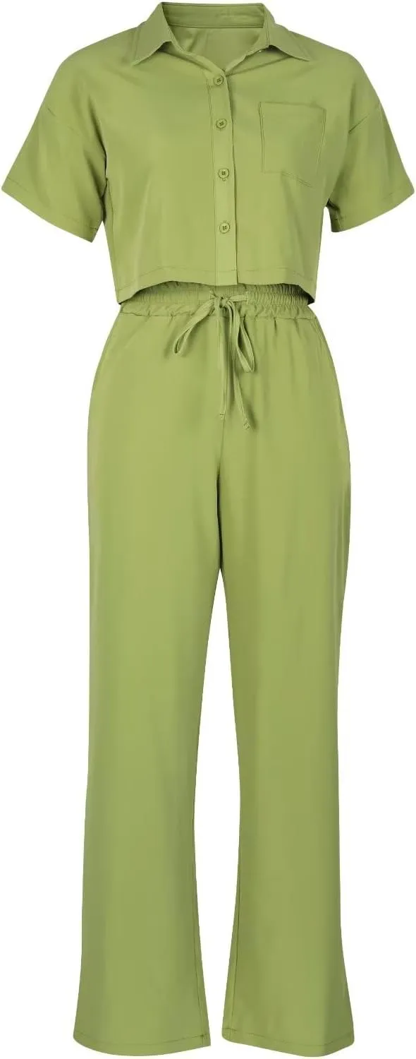 ThusFar Women Linen 2 Piece Outfits Short Sleeve Button Down Crop Top Drawstring Long Pants Suit Summer Work Lounge Set