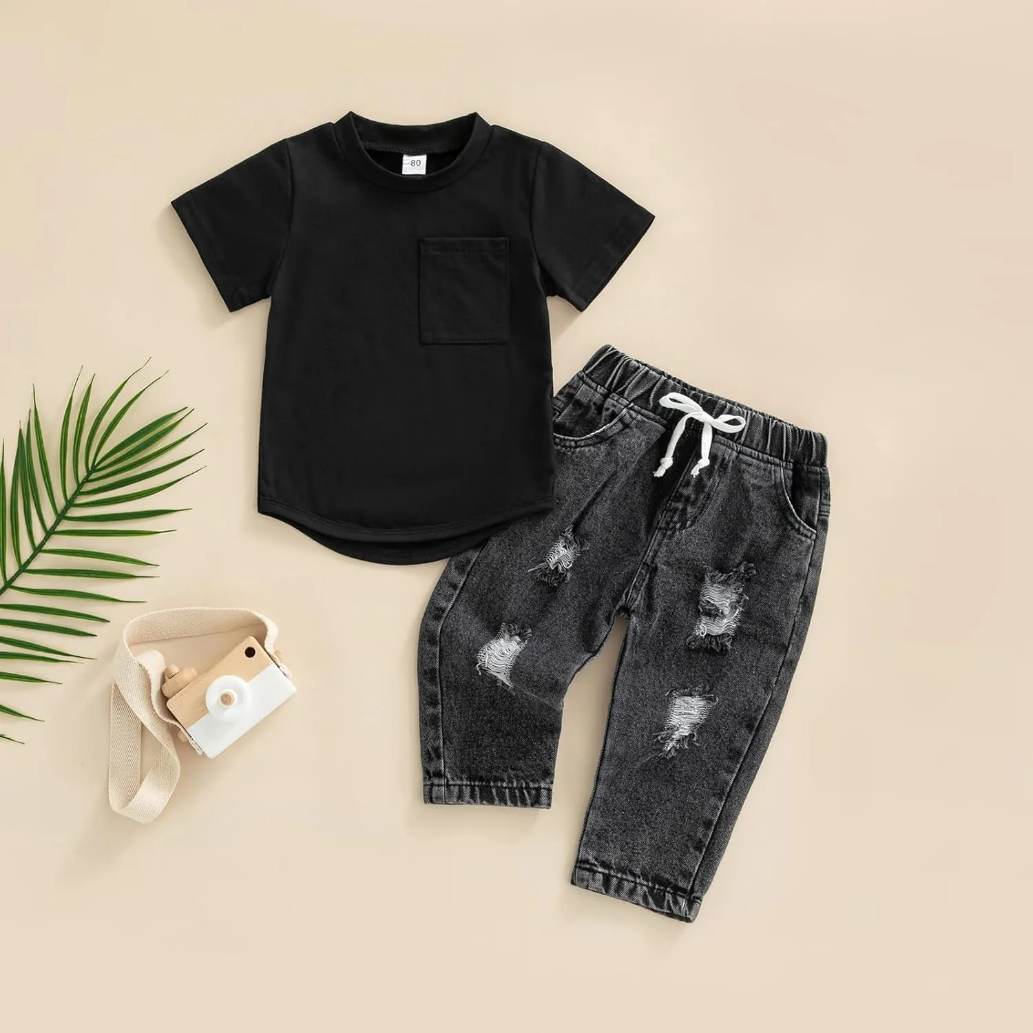 Toddler Baby Boys Denim Outfits Solid Color Short Sleeve T-Shirt Tops   Ripped Jeans Pants Set