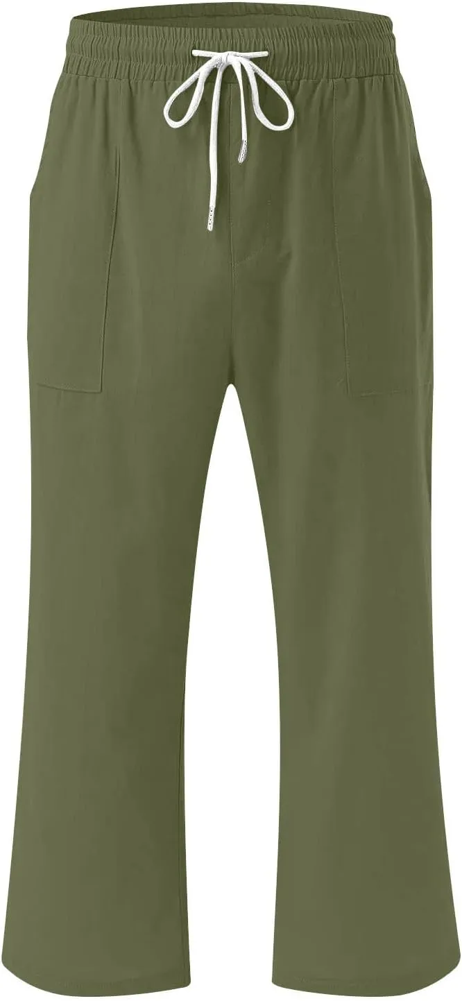 Trendy Capri Pants for Women 2024 Summer Drawstring Elastic High Waist Linen Pant Straight Wide Leg Cropped Trouser
