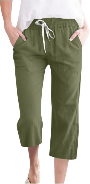 Trendy Capri Pants for Women 2024 Summer Drawstring Elastic High Waist Linen Pant Straight Wide Leg Cropped Trouser