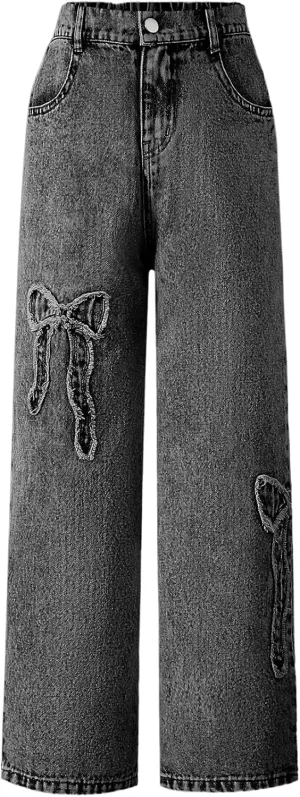 WDIRARA Girl's Bowknot Print Washed Jean Elastic Waist Denim Pants Straight Leg Trousers with Pockets