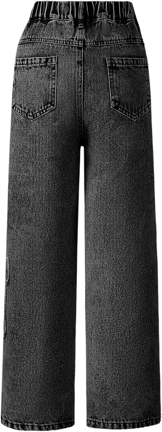 WDIRARA Girl's Bowknot Print Washed Jean Elastic Waist Denim Pants Straight Leg Trousers with Pockets