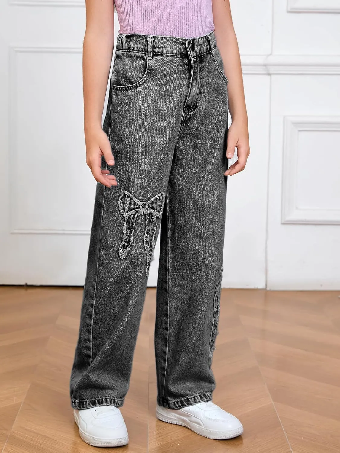 WDIRARA Girl's Bowknot Print Washed Jean Elastic Waist Denim Pants Straight Leg Trousers with Pockets