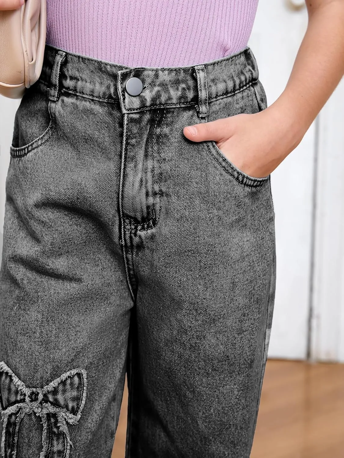 WDIRARA Girl's Bowknot Print Washed Jean Elastic Waist Denim Pants Straight Leg Trousers with Pockets