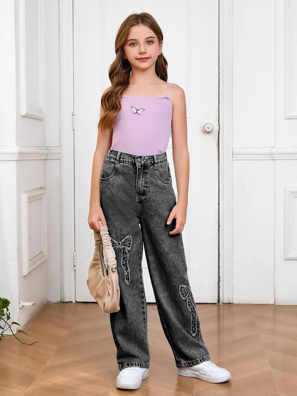 WDIRARA Girl's Bowknot Print Washed Jean Elastic Waist Denim Pants Straight Leg Trousers with Pockets