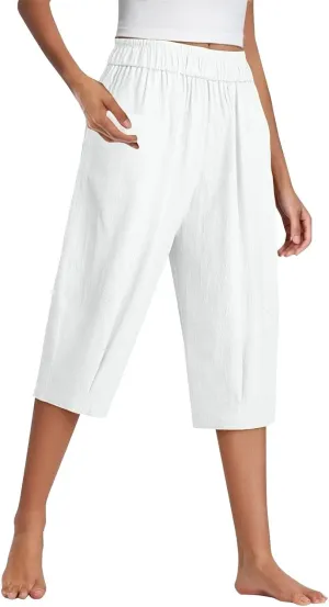 Women Capri Pants Linen Elastic High Waist Tapered Leg with Pockets Causal Loose Fit Summer Beach Lounge Trousers