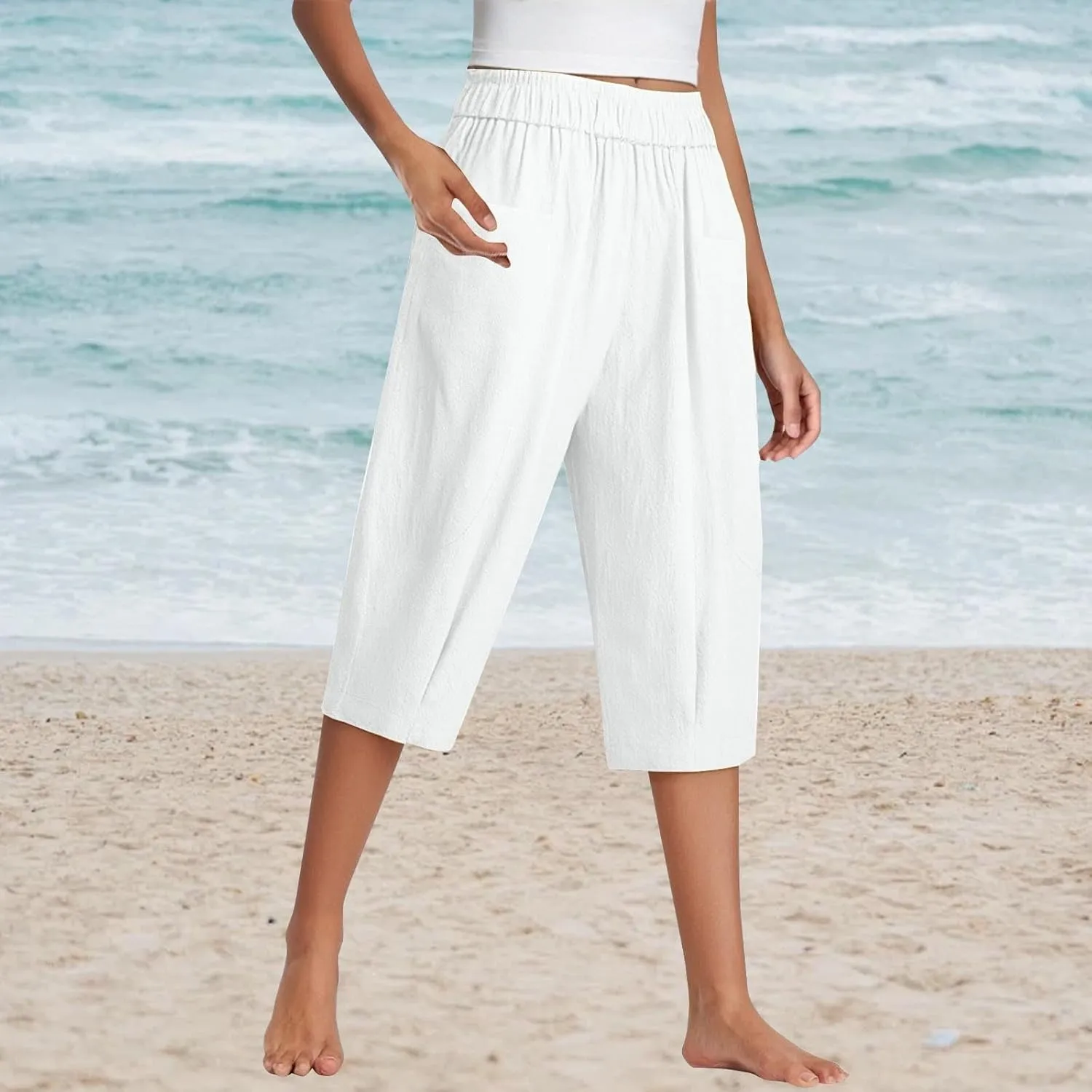 Women Capri Pants Linen Elastic High Waist Tapered Leg with Pockets Causal Loose Fit Summer Beach Lounge Trousers