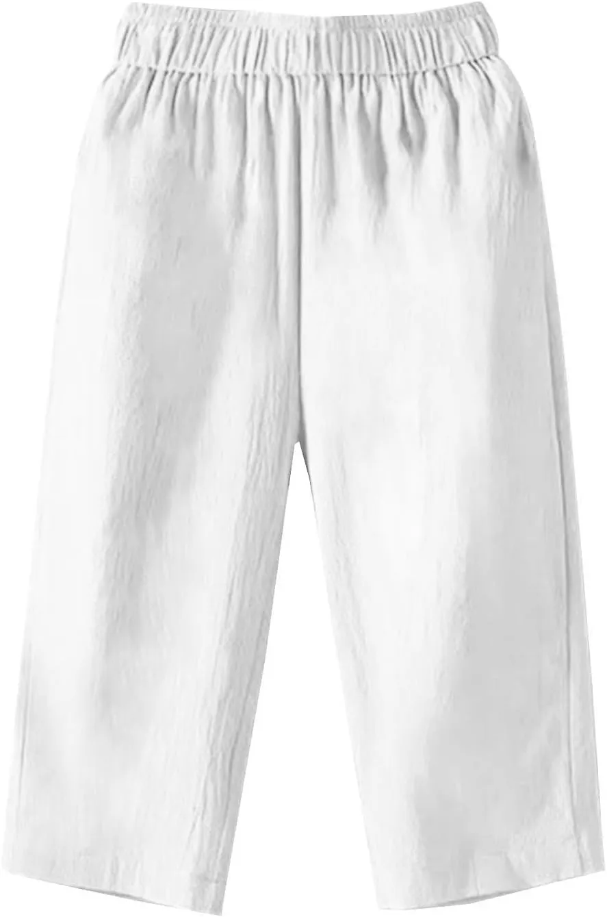 Women Capri Pants Linen Elastic High Waist Tapered Leg with Pockets Causal Loose Fit Summer Beach Lounge Trousers