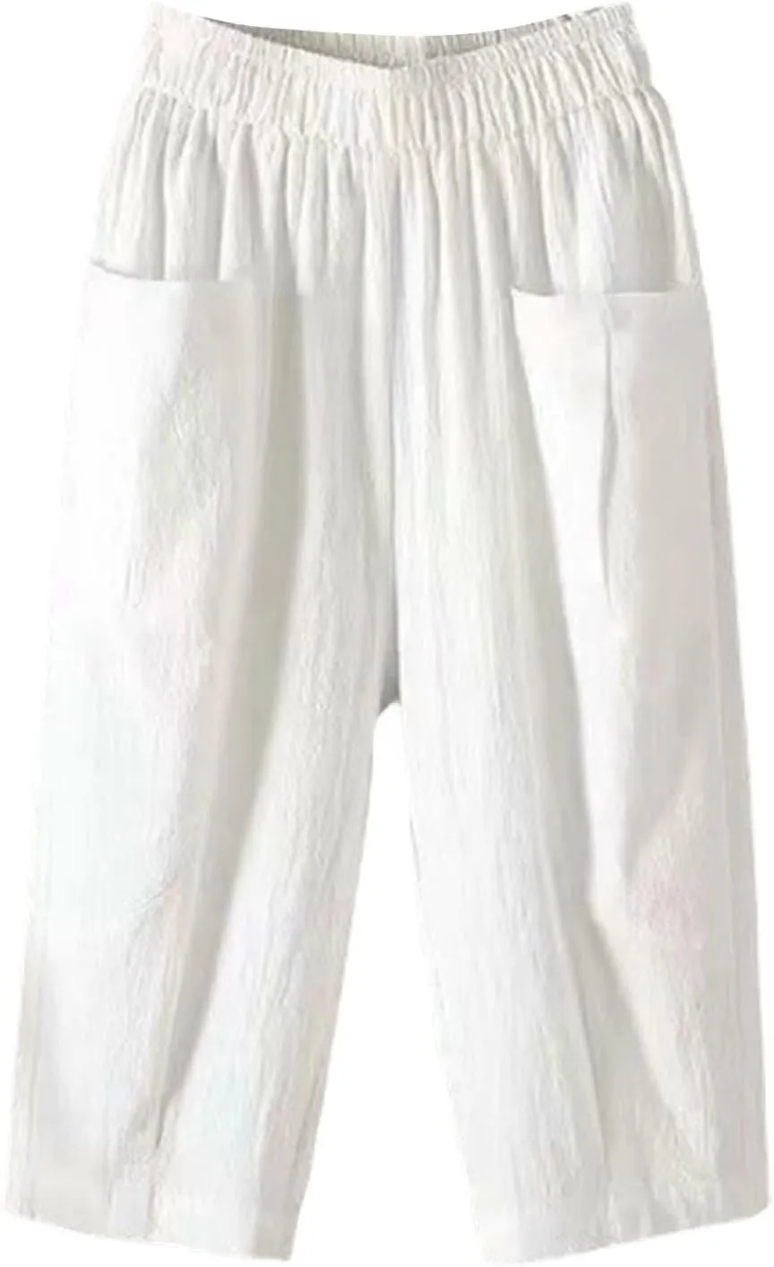 Women Capri Pants Linen Elastic High Waist Tapered Leg with Pockets Causal Loose Fit Summer Beach Lounge Trousers