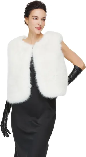 Women Faux Fur Mink Vests with 2 Pockets Winter Fall Open Front Sleeveless Jacket Outwear