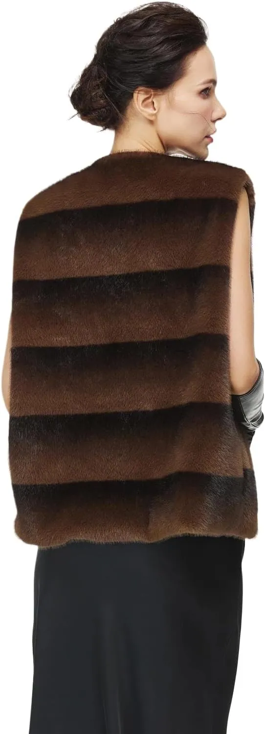 Women Faux Fur Mink Vests with 2 Pockets Winter Fall Open Front Sleeveless Jacket Outwear