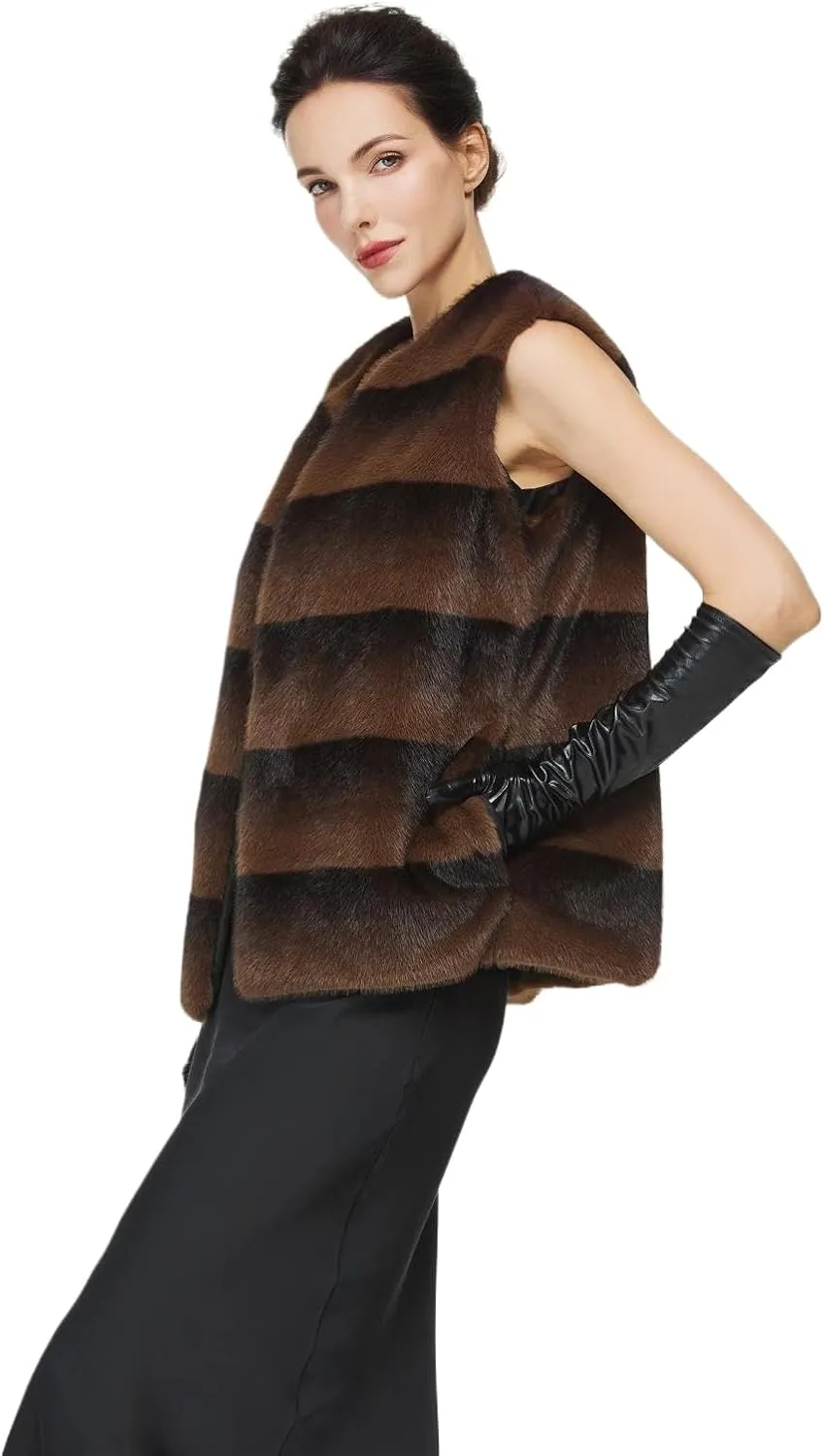 Women Faux Fur Mink Vests with 2 Pockets Winter Fall Open Front Sleeveless Jacket Outwear