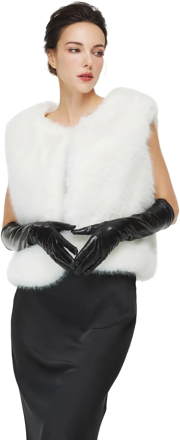 Women Faux Fur Mink Vests with 2 Pockets Winter Fall Open Front Sleeveless Jacket Outwear