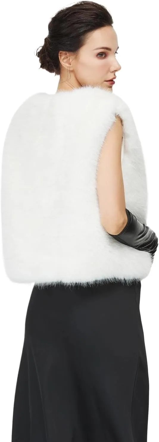 Women Faux Fur Mink Vests with 2 Pockets Winter Fall Open Front Sleeveless Jacket Outwear