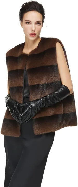 Women Faux Fur Mink Vests with 2 Pockets Winter Fall Open Front Sleeveless Jacket Outwear
